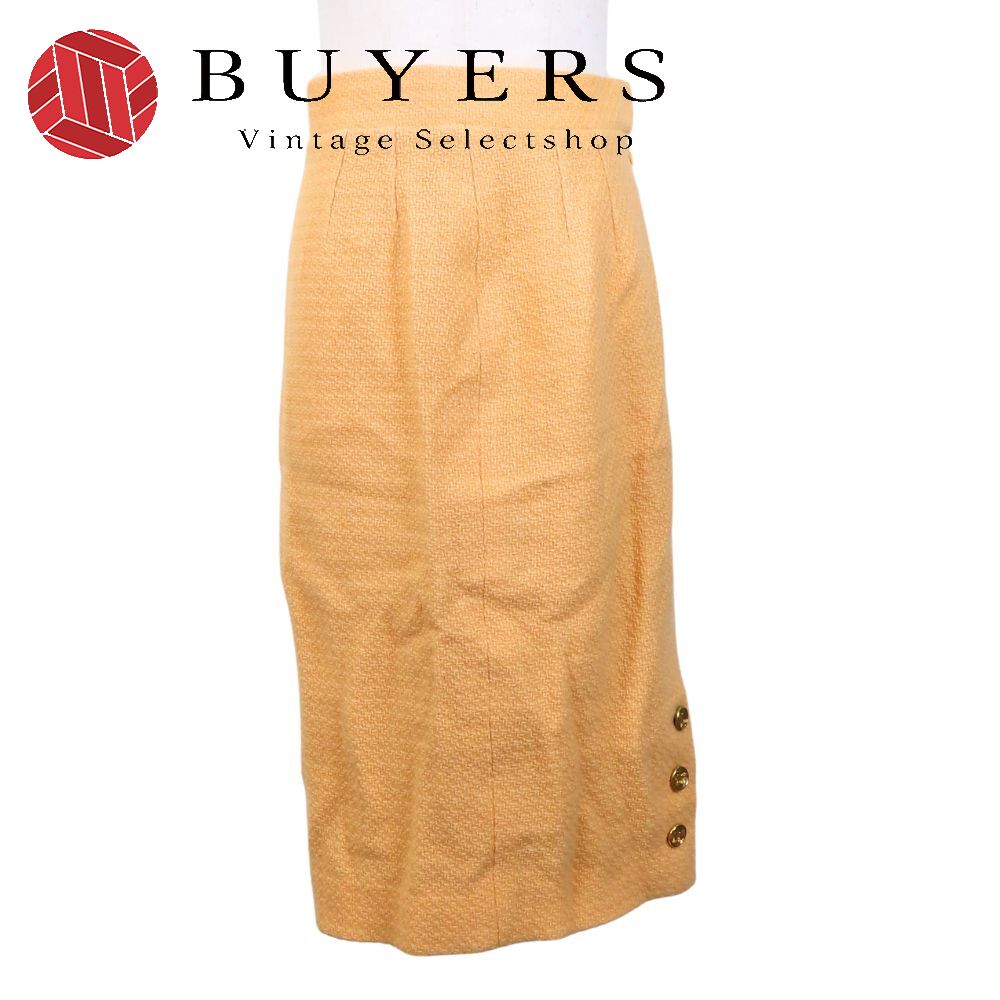 中古 スカート ヴィンテージ 38 ウール シルク サーモンピンク オレンジ系 ツイード 93C 金ボタン レディース 女性
