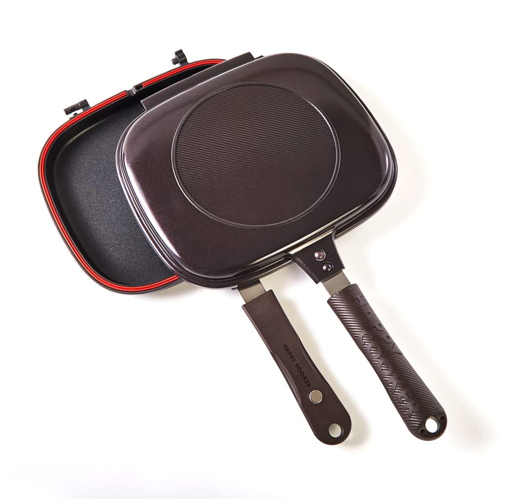 【HAPPYCOOKER公式】【直火ガス火対応】両面フライパン ブラウン 本体×1シリコンパッキン×2(交換用)使用説明書兼レシピ×1 ハッピークッカーグルメパン 両面焼きフライパン 魚焼きグリ