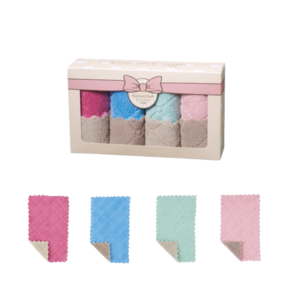 96個セット リバーシブルカラーキッチンクロス4枚組 掃除 プチギフト 主婦 ママ 粗品 景品 イベント 企業 ノベルティ 記念品 消耗品 ふきん