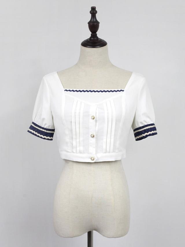 【全店任意2枚購入で100円OFF】ロリィタブラウスホワイトポリエステルノースリーブVネックセーラー2カラーブロック