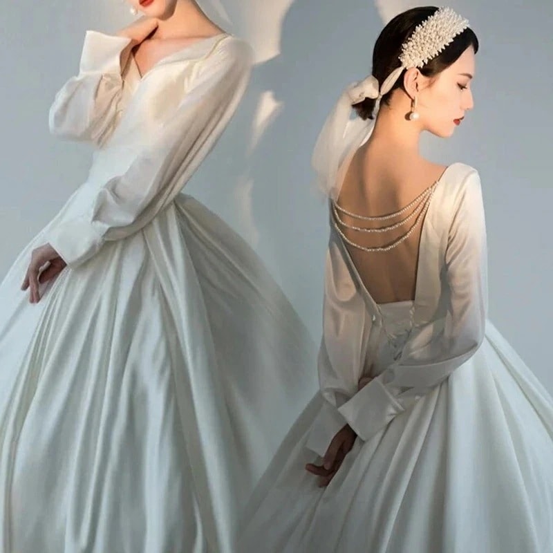 ウェディングドレス 二次会ドレス 結婚式 ブライダルドレス サテン 長袖 ロングスリーブ Vネック 背中開き ロング丈 ロングドレス 前撮り 海外挙式 花嫁ドレス ウエディングドレス 韓国風 プリンセ