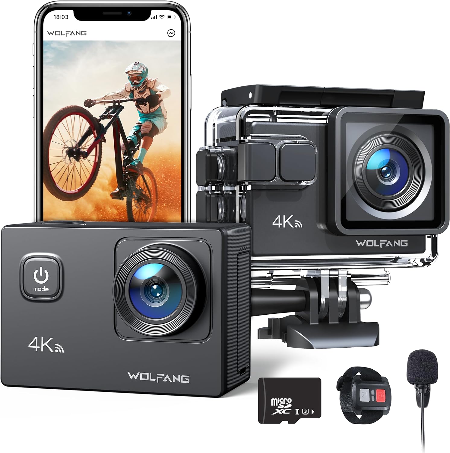 WOLFANG GA100 アクションカメラ 【32GBメモリーカード付き】 4K 2000万画素 防水40M 水中スポーツカメラ ウェアラブルカメラ EIS手振れ補正 WiFi機能 170広角ヘル