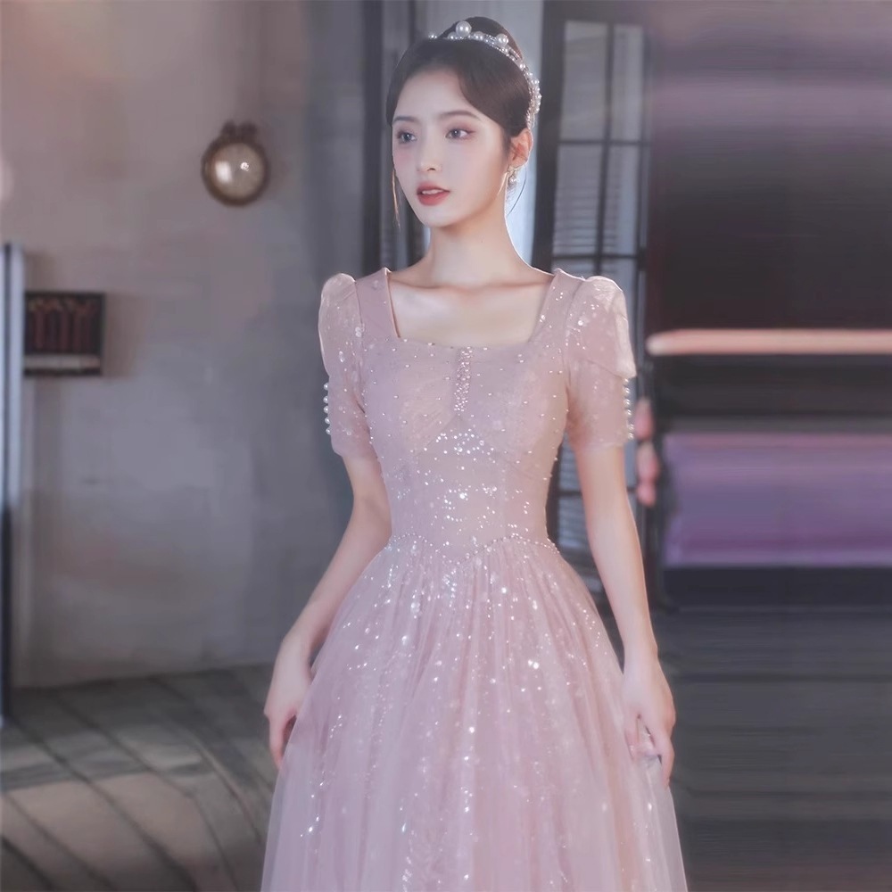 卒業式ドレス 通気性 ミディアムドレス 入学式 パーティードレス 結婚式ドレス ピンクのイブニングドレス女性用夏の新作宴会用上品な雰囲気芸術系大学受験用