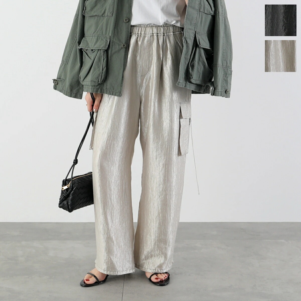 LHELBIE レルビエ カーゴパンツ 52148M-2 レディース ワッシャー サテン イージーパンツ セットアップ可能 カラー2色