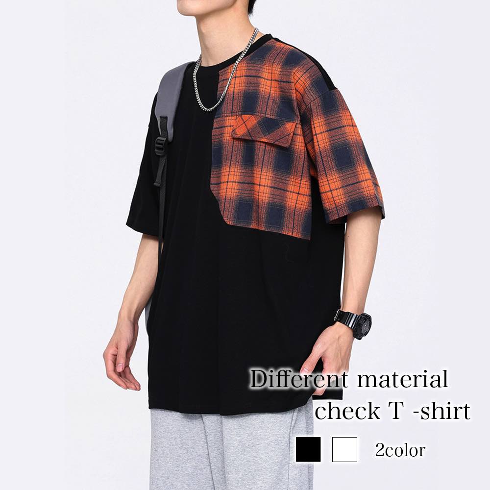 Tシャツ メンズ 異素材チェックTシャツ コットン 薄手 おしゃれ 春 Vネック シャツ ゆったり おすすめ 7分袖 40代 人気 ブランド ワッフル スポーツ オシャレ 涼しい 綿 ロング ジャケッ