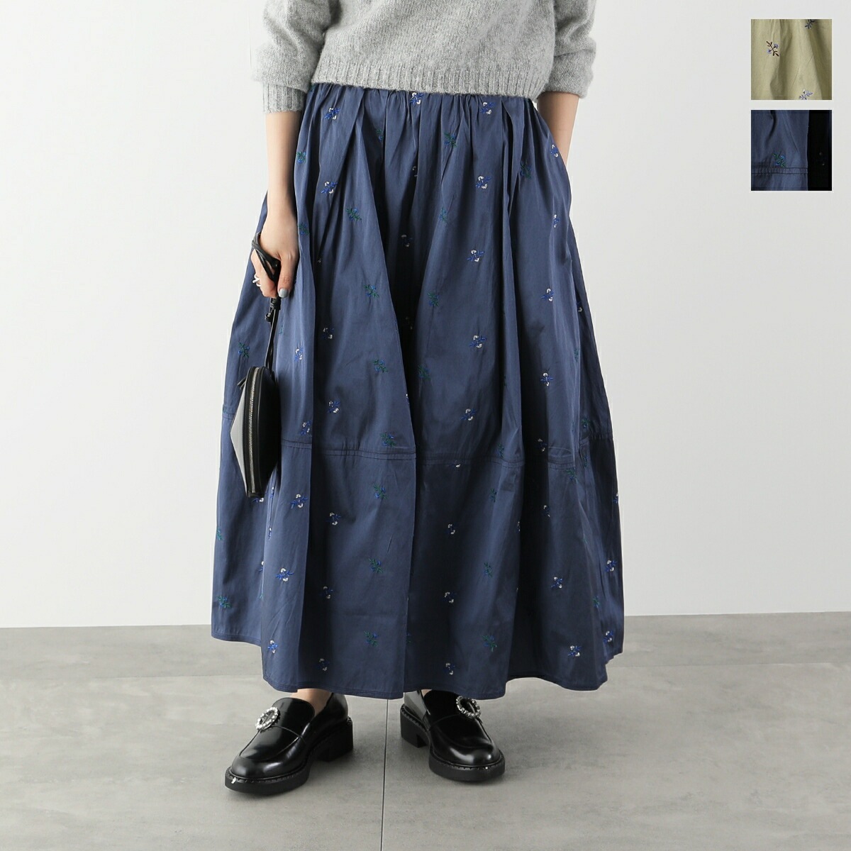 ne Quittez pas ヌキテパ スカート Poly Dupion Embroidery Tuck Gather Skirt 010352FL2 レディース 花柄 刺繍 ギャザー コクーンシルエ