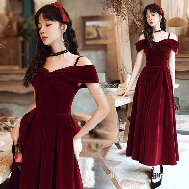 送料無料 結婚式ドレス 二次会ドレス ワイン赤 ベロア ベルベット ロングドレス オフショルダー キャミドレス ワインレッド Vネック リボン オシャレ ゲストドレス ワインレッド お呼ばれドレス V
