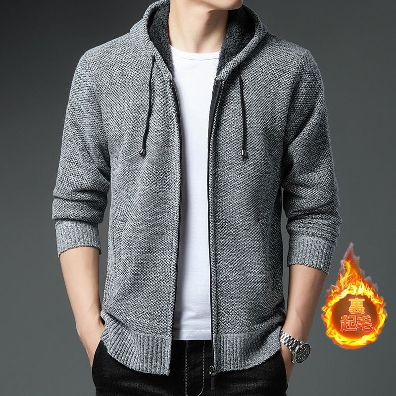 ニットパーカーメンズカーディガンニットセーターパーカー防寒フード付きジャケット厚裏起毛ニットアウターセーター羽織スリム通勤ビジネス