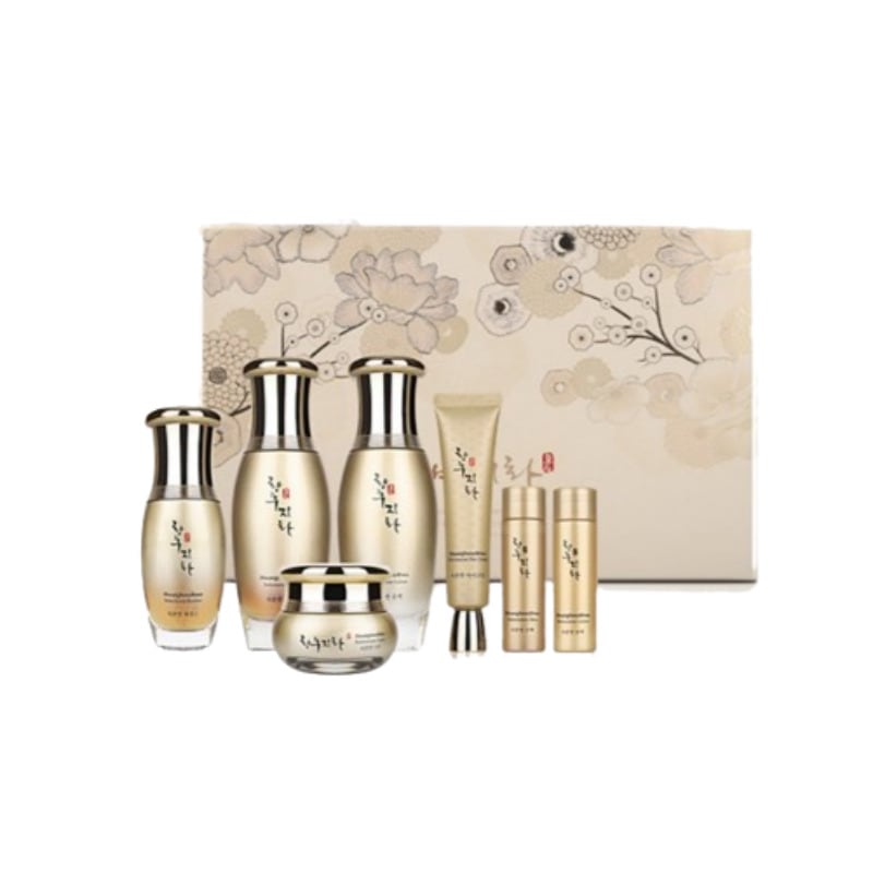 黄厚地化 韓方 基礎化粧品5種セット+旅行用4種+高級ショッピングバッグ しわ緩和 機能性 水分保湿 栄養供給 食品医薬品安全処 認証特許 ノニエキス 中高年女性 プレミアム 化粧品