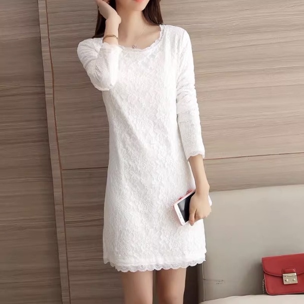 ワンピース ワンピドレス 膝上 長袖 ラウンドネック デザイン 美ライン ニュアンス レース 刺繍 リブ 裏起毛 カラバリ ロマンチック かわいい 大人可愛い きれいめ シンプル カジュアル 大人
