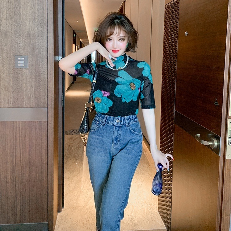 レディース トップス プリント 花柄 フラワー フローラル フェミニン ハイネック 半袖 かわいい
