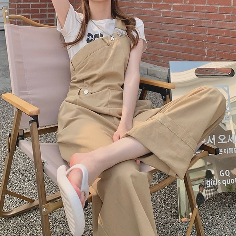 レディース パンツオールインワン サロペット パンツ ワンショルダー アシンメトリー ワイドパンツ