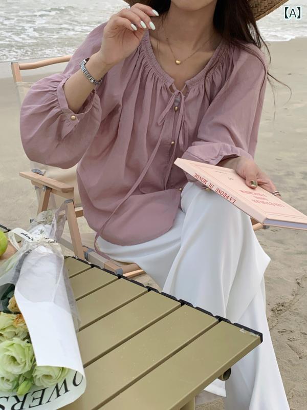 トップス レディース おしゃれ 上品 通勤 オフィス カジュアル パープル フレンチ レトロ シフォンシャツ 夏 ラウンドネック ドール シャツ 薄手 涼しい 涼しい 日焼け防止