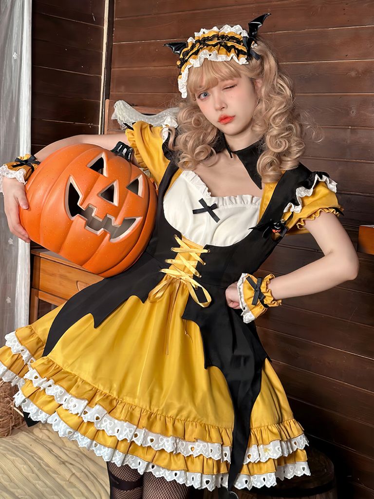 オリジナルハロウィーンロリータ甘いメイド服カボチャ色ダーク魔女コスプレワンピースセット 5,129円