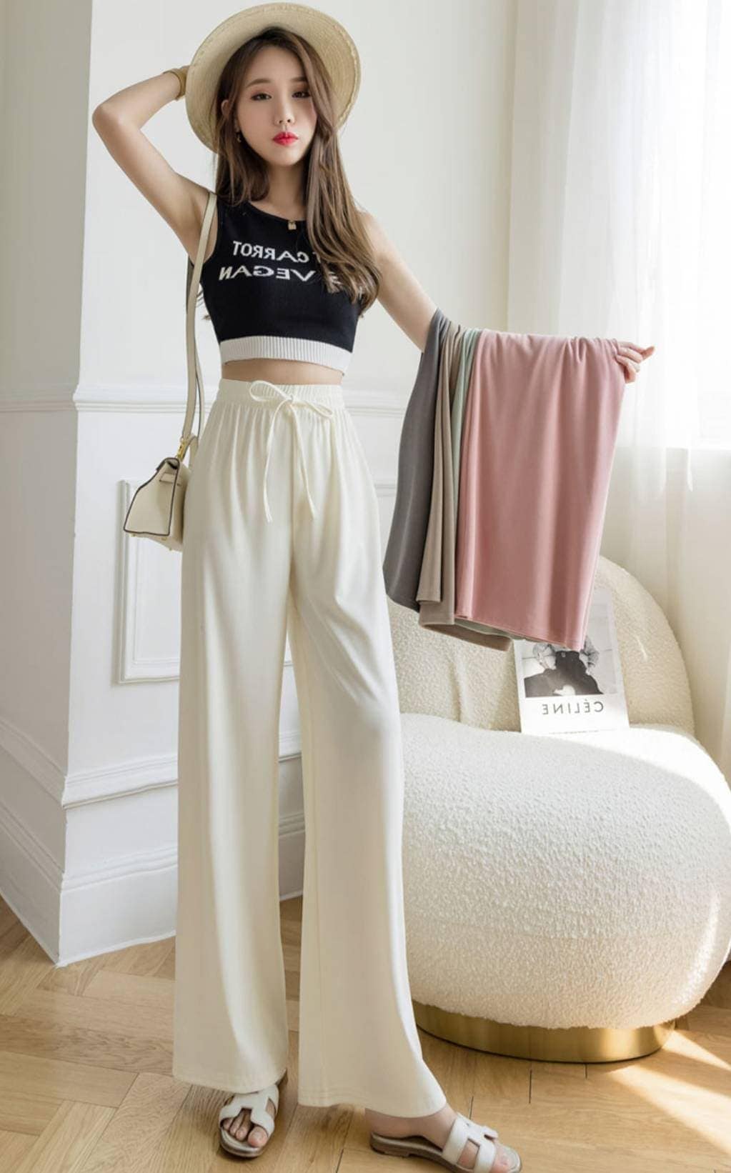 レディース ワイド パンツ 夏 ボトムス とろみ 9分丈 ロング ハイウエスト ウエストゴム 伸縮性 ストレート 無地 シンプル 薄手 ゆったり 楽ちん ルーズ ラフ こなれ感 カジュアル お洒落