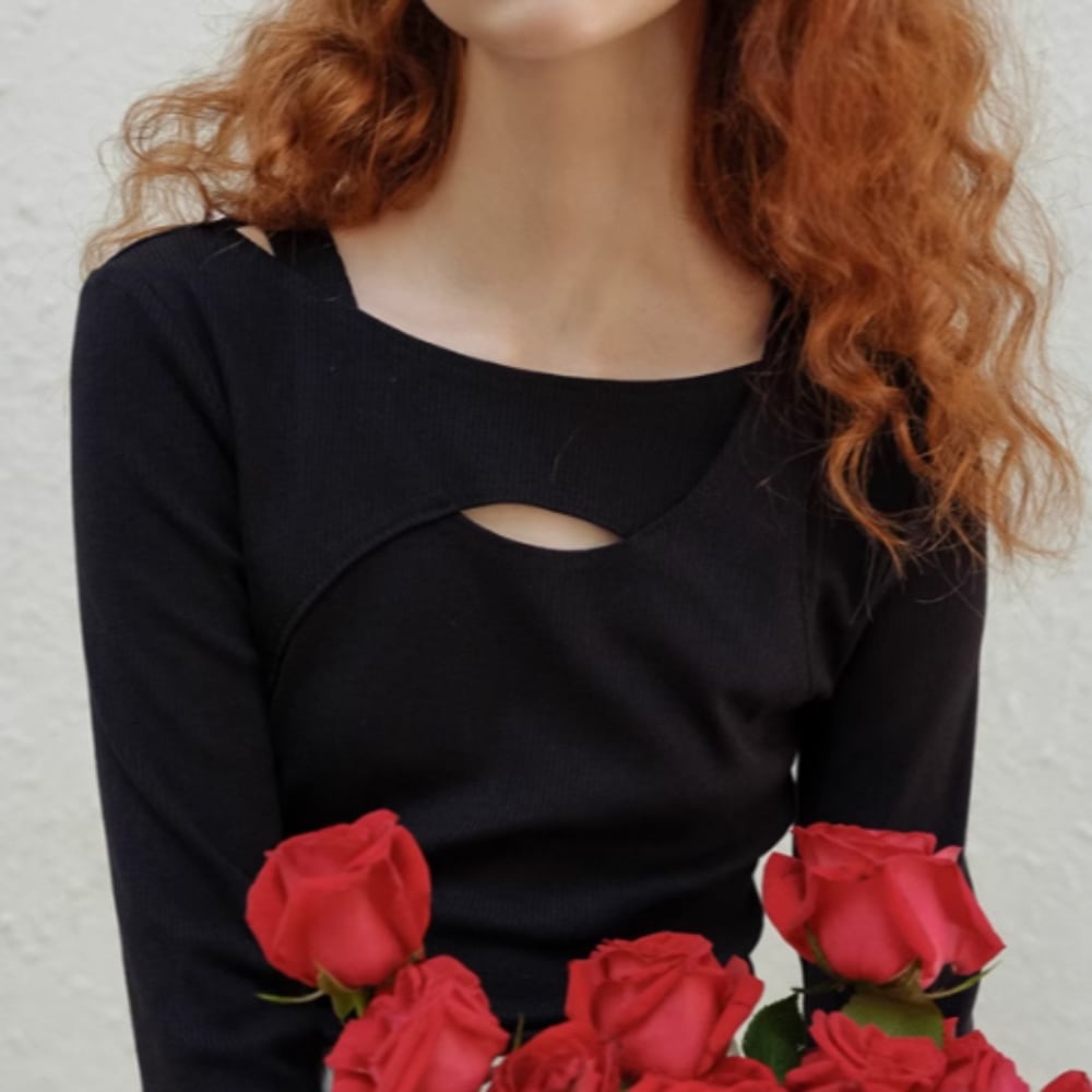 カットアウト ルーズ ニット レイヤード 韓国 トップス クルーネック リブ ストリート 長袖 無地 パーティースタイル ホームパーティーアイテム オフィススタイル エレガントスタイル