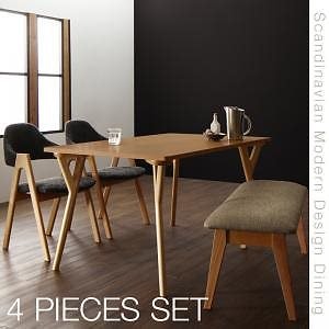 [組立設置付]北欧モダンデザインダイニング [イラーリ] 4点セット(テーブルW140+チェア2脚(サンドベージュ)+ベンチ1脚(サンドベージュ))