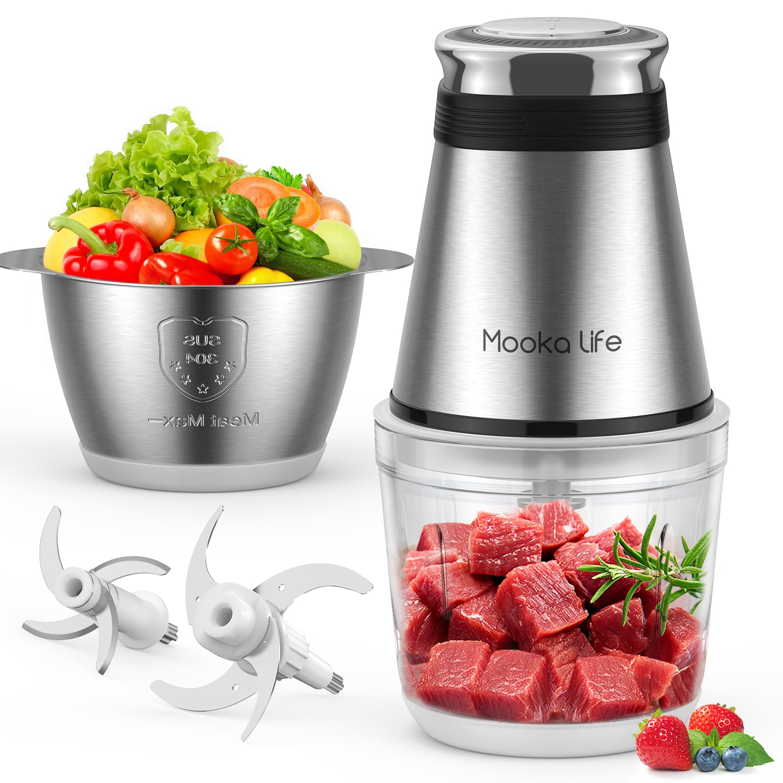 Mookalife フードプロセッサー 小型 2種類ボウル 容量0.6Lと1.2L 1台5役(刻む・混ぜる・ミンチ・ペースト・すり身) 350Wハイパワー 2段階スピード 4枚刃 フードチョッパー み