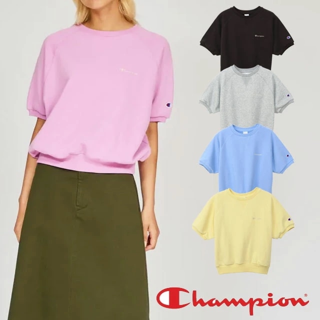 チャンピオン Tシャツ トップス レディース CW-B005 ショートスリーブスウェットシャツ スウエットティー 半袖 ハーフスリーブ ギフト ウエア カジュアル 無地 ロゴ 刺繍 墨 灰 ピンク 紫