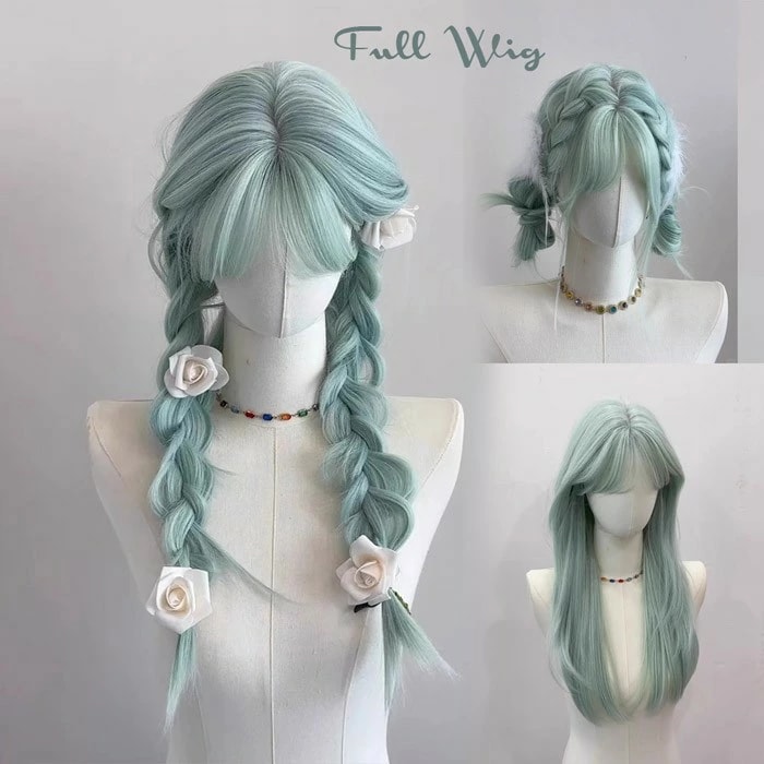 ウィッグ フルウィッグ ロング ミントグリーン 耐熱 編み込み可 前髪あり 自然 3スタイル対応 コスプレ ファッション dp329c0c0m6