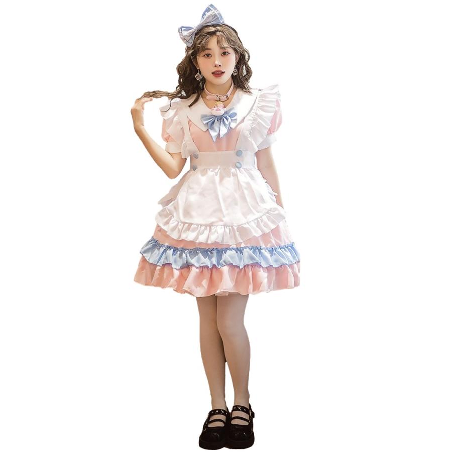 ハロウィン メイド服 ロリータ ドレス プリンセス お嬢様 半袖 ワンピース コスプレ コスチューム 6点セット サイズ SXXL ピンク ブルー