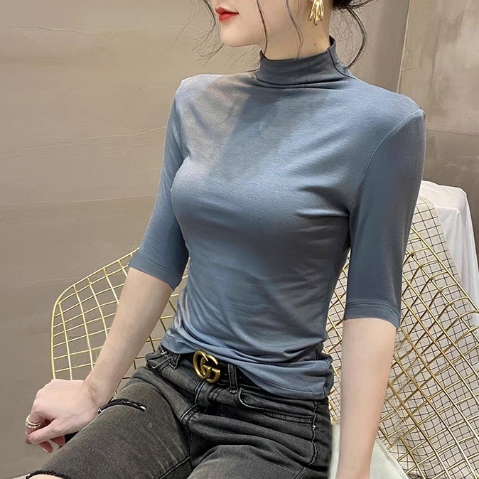 トップス カットソー プルオーバー インナー レディース 5分袖 モックネック タイト スリム 細身 スマート フェミニン 伸縮性 かわいい 大人可愛い きれいめ シンプル カジュアル 上品 おしゃれ