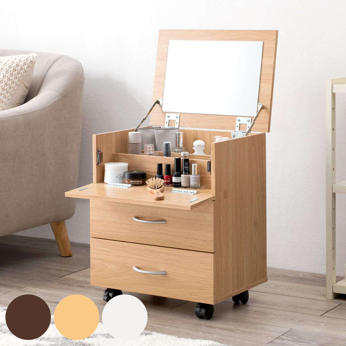 コスメワゴン 幅42.5cm 引き出し キャスター ドレッサー メイク台 鏡台 コスメボックス メイク ワゴン 収納 サイド テーブル 一面鏡 おしゃれ 大容量 キャスター付き コンパクト 白