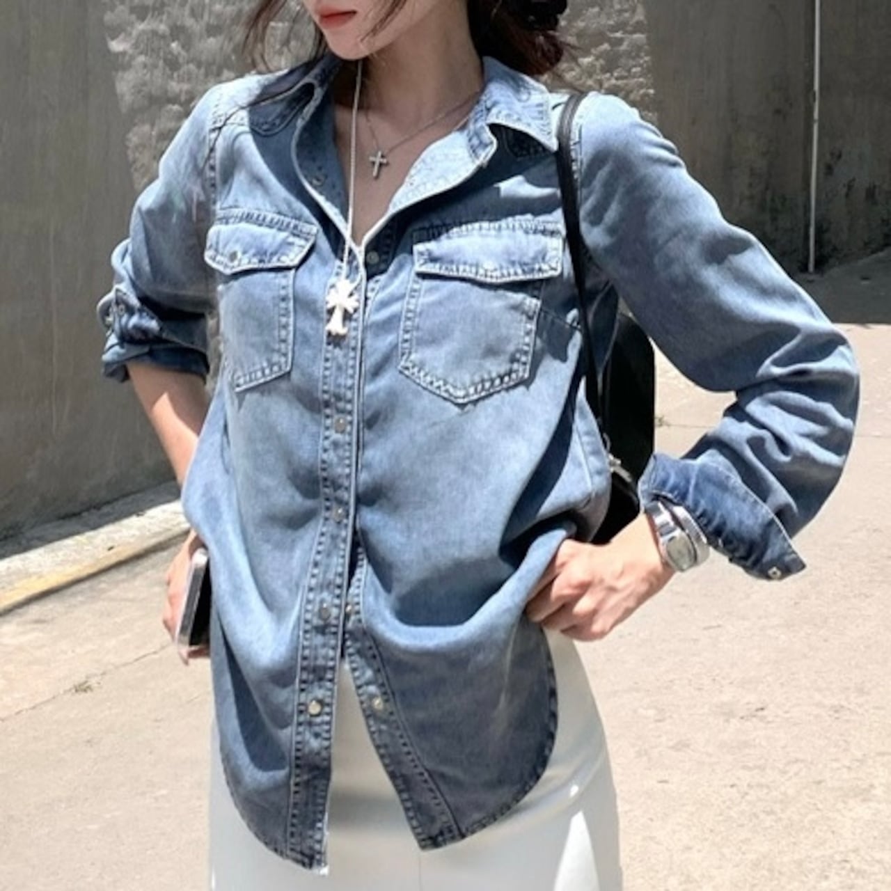 2024秋冬トップスシャツデニム生地ポケット襟スタンダードカラーボタン長袖秋青ブルーおしゃれかわいい韓国ファッションレディースお出かけ