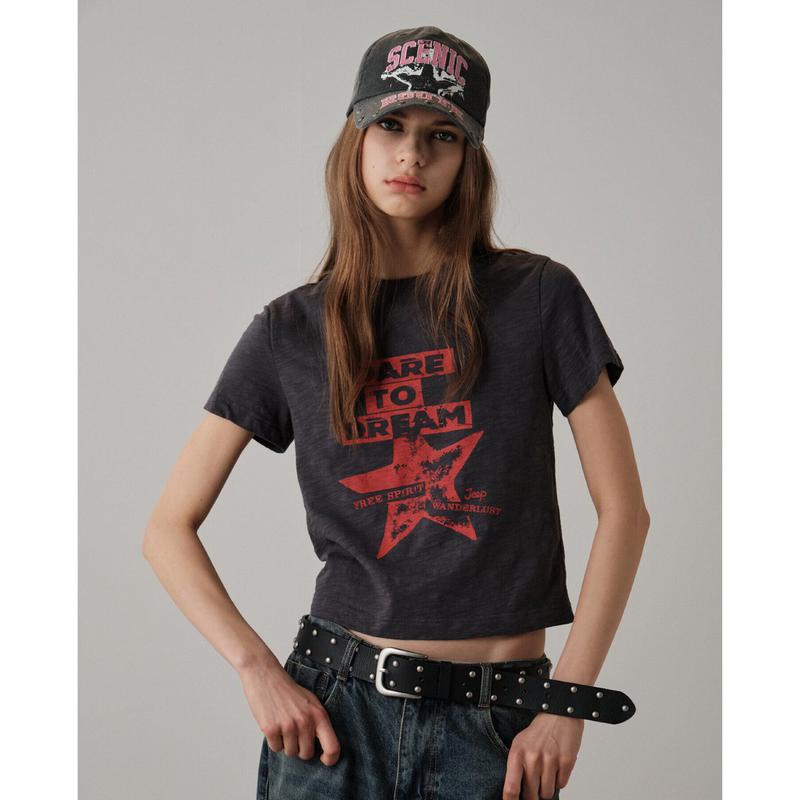 JR2TSF209 ダークグレー 女性用 スラブ 星プリント Tシャツ_SC