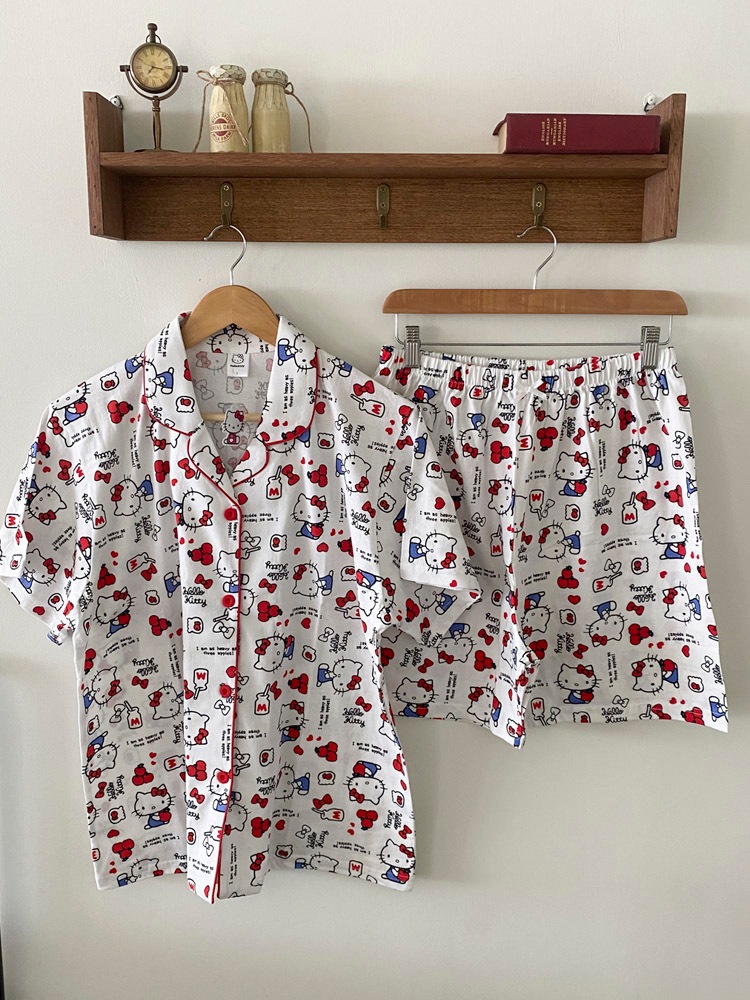 산리오 키티 면 반팔 여성 여름잠옷 파자마세트