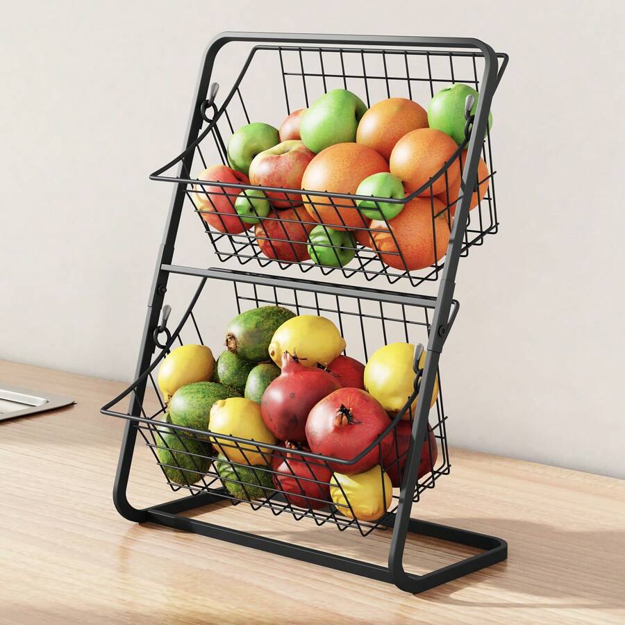 【幸運】野菜ストッカー ブラック 多層 省スペース クッチーナー収納 フルーツバスケット カウンタートップ フルーツ野菜バスケット キッチンカウンター用ボウル メタルメッシュバスケット フルーツス