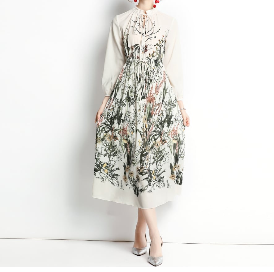 ワンピース 上着 人気 おすすめ おしゃれ お洒落 激安 安い プチプラ ブラウス 長袖 ロング Aライン ラウンドネック ロングスカート ウエスト 丸首 柄 プリント 花柄 リボン lon