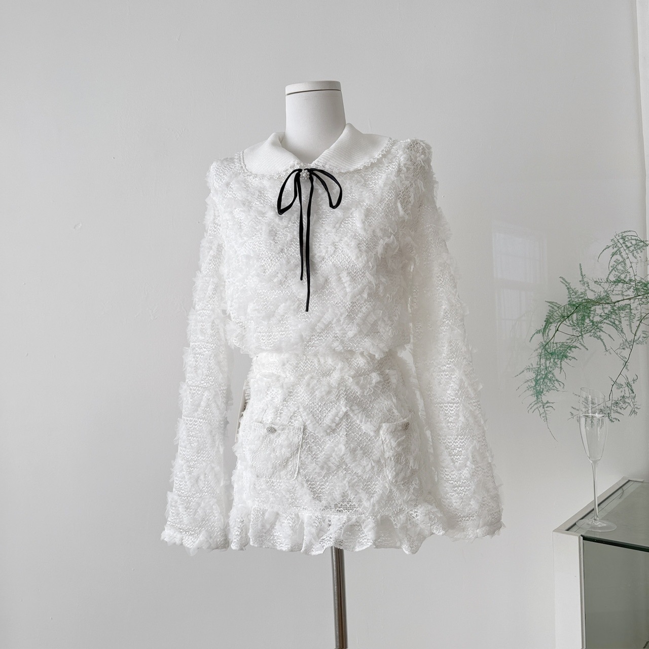 レース縁取りニットトップス+スカート エレガントセット コーデ 量産型 清楚め