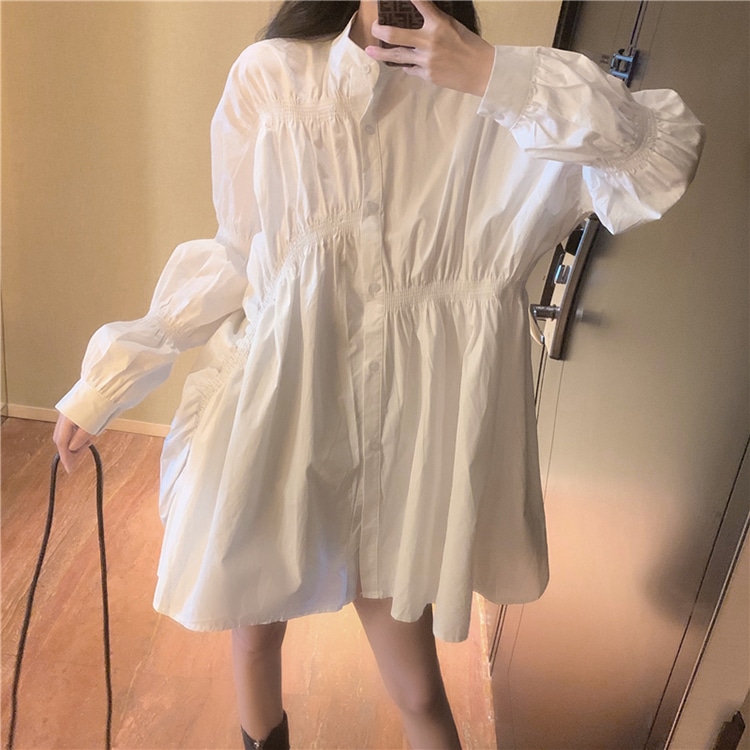ワンピース シャツ 白シャツ 白トップス シャツワンピース ワンピドレス ミニ ミニ丈 ショート ショート丈 袖あり 長袖 ボリューム袖 襟付き ワイド Aライン かわいい シンプル カジュアル