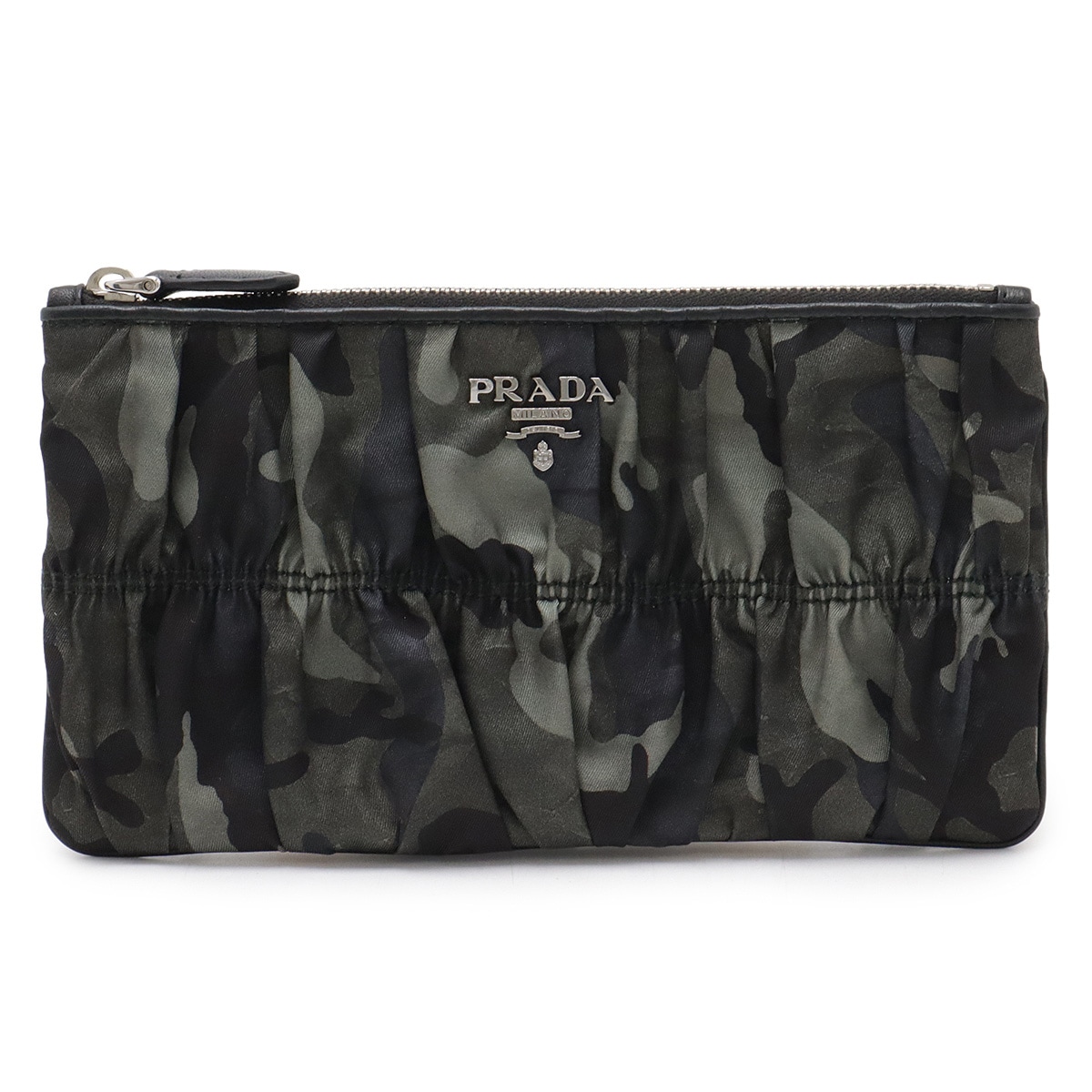 ギャザー ポーチ 小物入れ クラッチバッグ 迷彩柄 カモフラージュ ナイロン レザー FUMO グリーン系マルチカラー シルバー金具 1M115