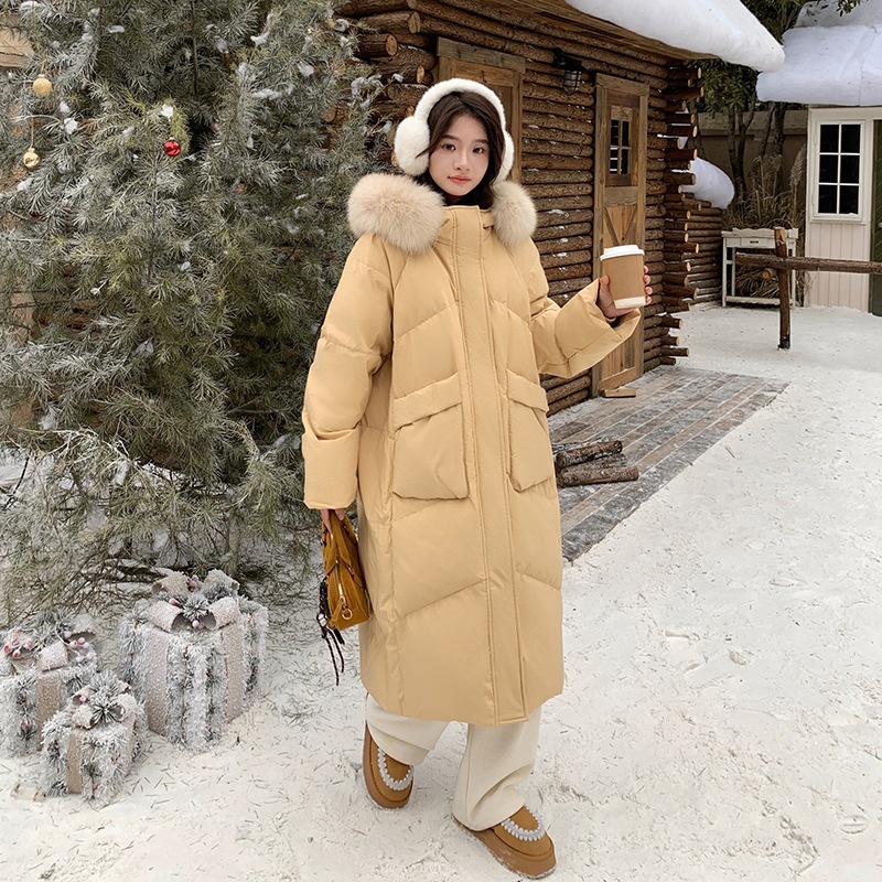 おしゃれな90ホワイトダックダウンフード付きダウンジャケット2024新作ファッション厚くて暖かいビッグファー襟ロングコート