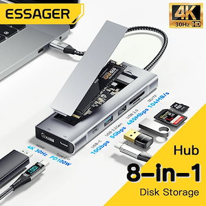 納期21日:Essager-コンピューター用の8-in-1 USBType-Cハブ,MacBook Pro/Air/M.2用のHDDハウジング