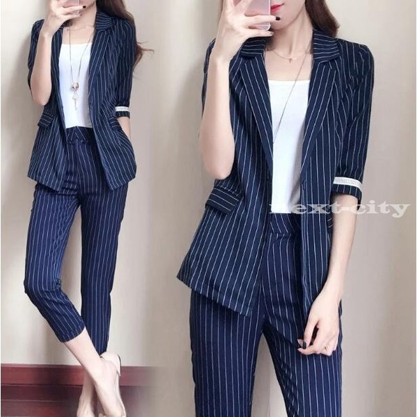 スーツ 五分袖ジャケットパンツセット ストライプ レディースファッション カジュアル ビジネス 入学式 卒業式 細身20代30代40代　春夏