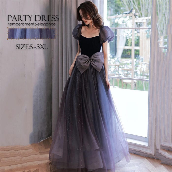 パーティードレス ピアノ演奏会 発表会 aライン ロングドレス 半袖 パフスリーブ レディース 結婚式 ワンピース ウエディングドレス プリンセス 二次会 大きいサイズ おしゃれ 上