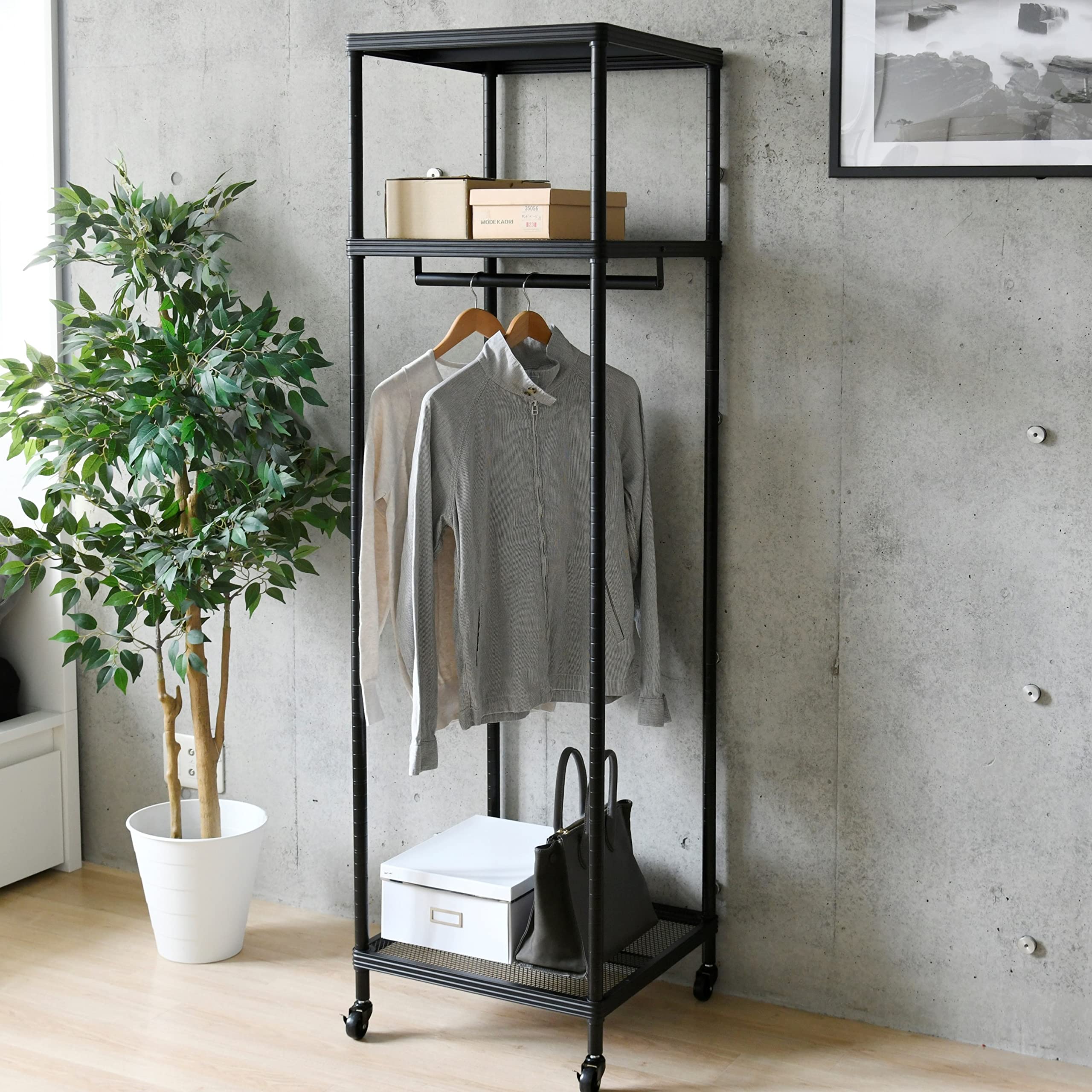 山善(YAMAZEN) ハンガーラック (スリム) 頑丈 幅50.5×奥行50.5×高さ182ｃｍ 【全体耐荷重60】 服・カバン・小物がこれ1つで収納できる 棚板可動 組立品 ブラック VNW-1