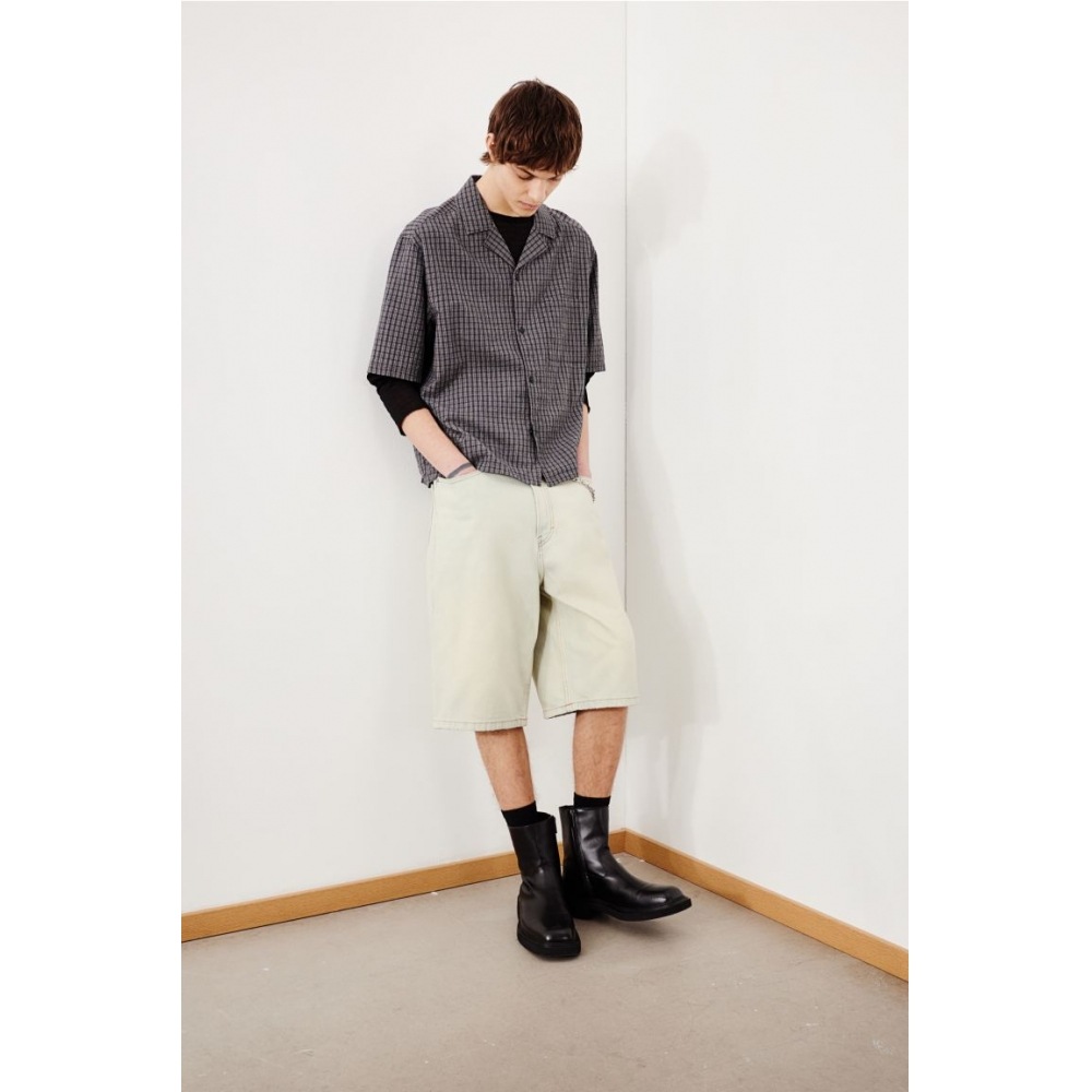 H&M シアサッカー キャンプカラーシャツ ルーズフィット ダークグレー