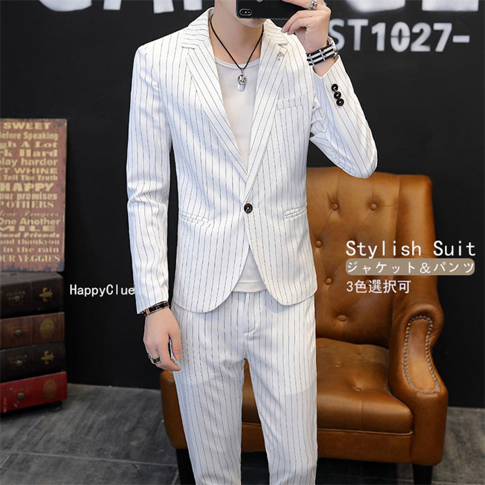 セットアップ メンズスーツ ストライプ おしゃれスーツ カジュアル タキシード スーツメンズ 細身 紳士服 フォーマル 通勤 オフィス ビジネス お呼ばれ パーティー 結婚式 二次会 スリムスーツ 大