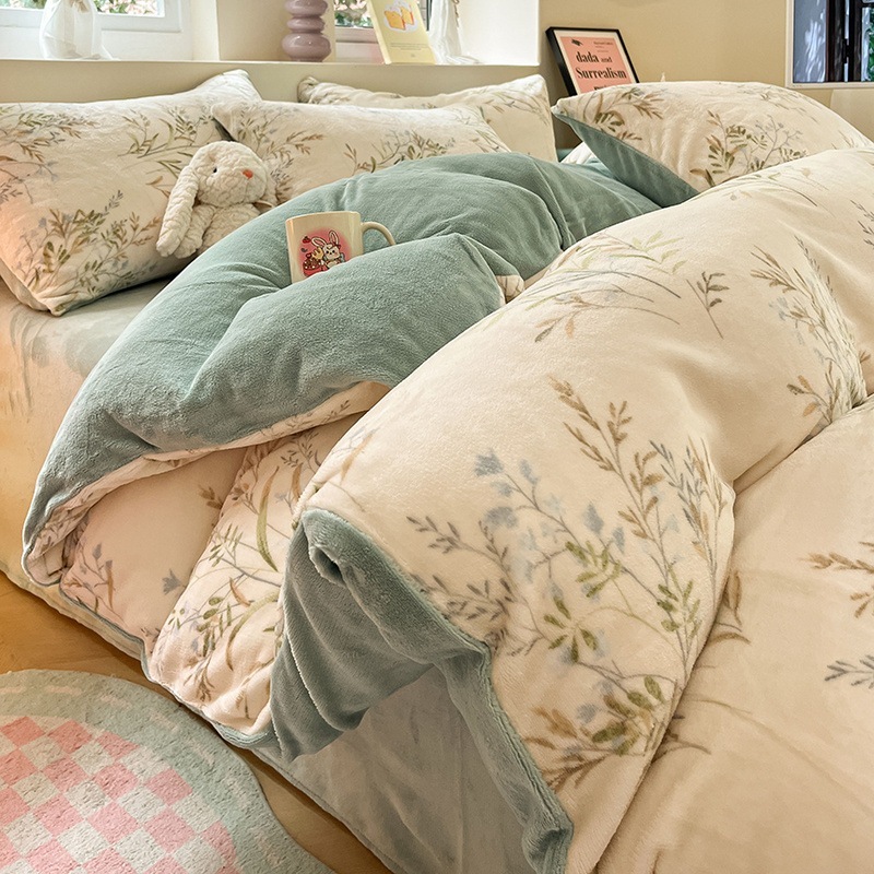 INS 厚手ミルクフリース寝具4点セット両面コーラルフリース掛け布団カバーシーツフィットシーツ冬用フランネル3点セット