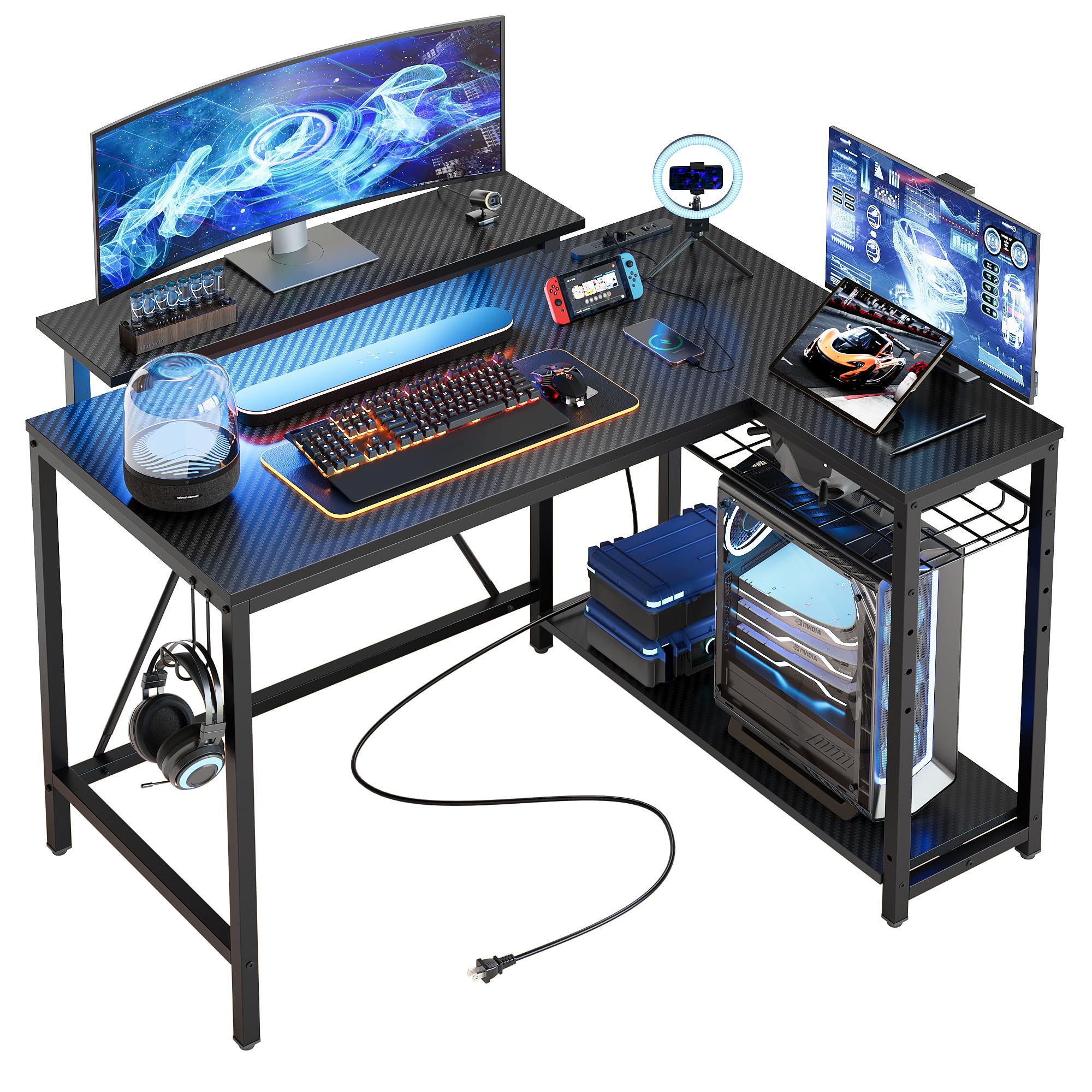 ゲーミングデスク l字デスク 幅107cm コンセント&モニター台付き USB-C対応 パソコンデスク L字 机 pcデスク 収納ラック付き 左右組み換え可能 棚高さ調節可能 ゲー 92216