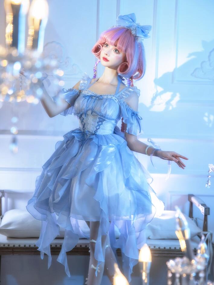 ロリータ ジャンパースカート Lolita ロリータ ワンピース ミドル丈 ミモレ丈 可愛い ゴスロリ ロリータ服 フリルリボンいっぱい ひらひら 光沢 人魚姫 星河 海 エルフ 妖精 クラゲ コスチ