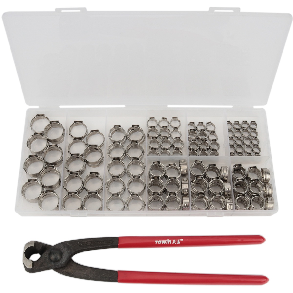 イヤー ホースバンド ステンレス製 9種類 170個 セット プライヤー付き ケース入り ホースの固定 I-522