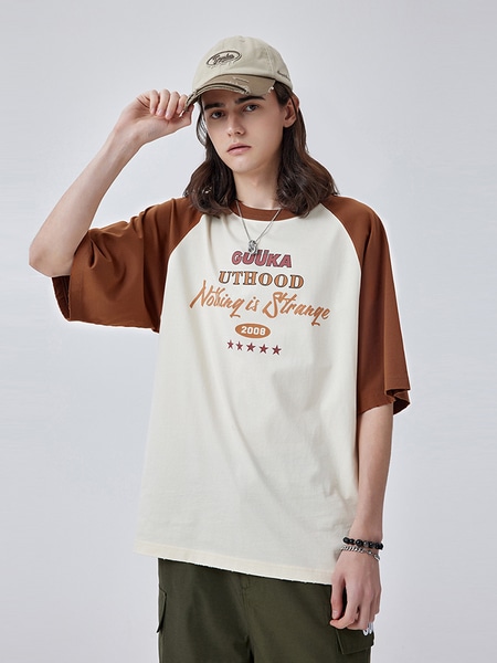 ヘビーパッチワークコントラストレトロ半袖Tシャツ