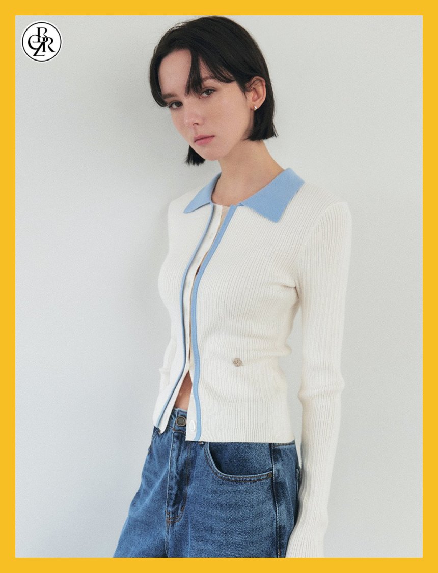 COLLAR BUTTON UP RIBBED CARDIGAN