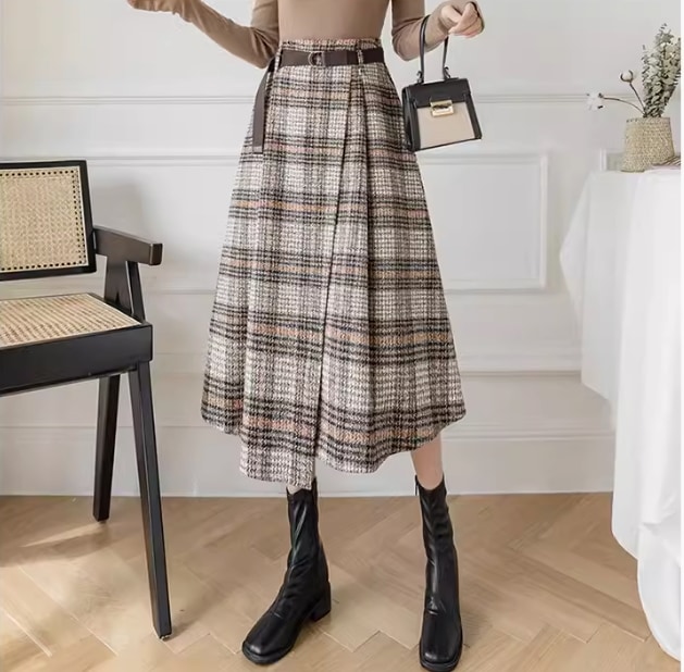 スカート チェック柄 フレア レディース 秋冬 ラシャ風 ハイウエスト フレアスカート Aライン ロングスカート 秋 冬 ロングスカート 大きいサイズ ベルト付き 4色 S M L XL