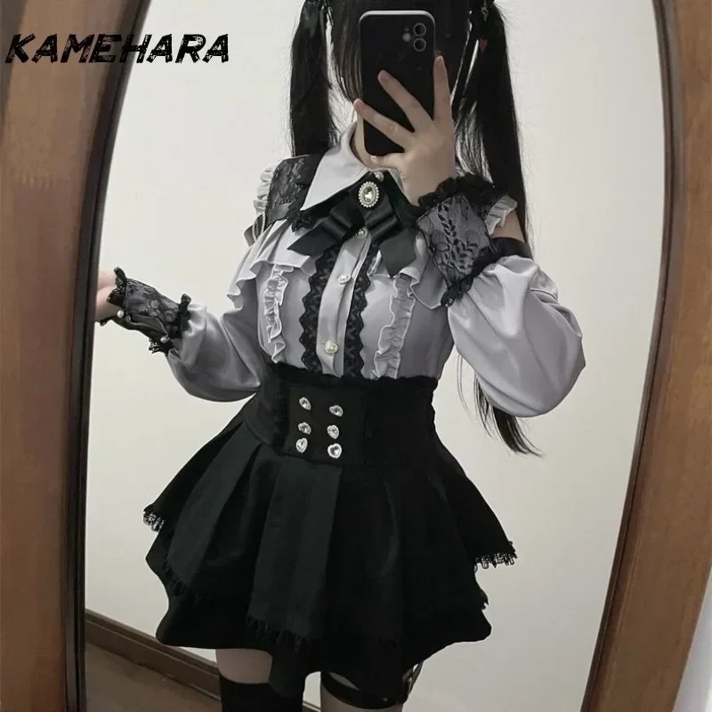 かめはら-セクシーなレトロなレースのスカートセット,透かし彫りのシャツトップ,スリムなウエスト,y2k,サブカルチャー - 200000345